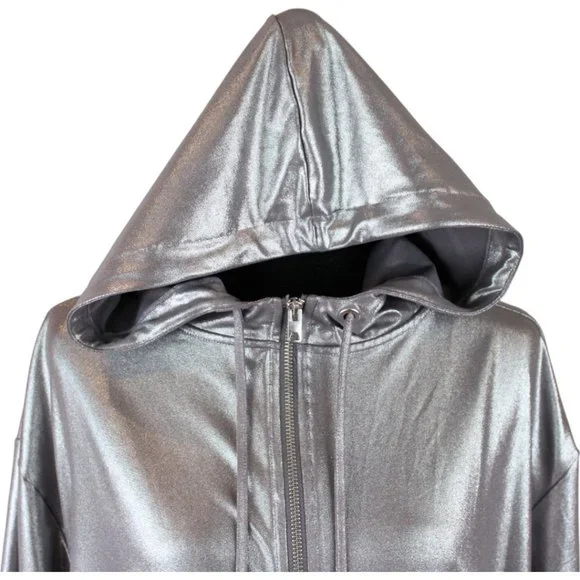 H&M Coachella Silver Sports Jacket Size Medium Zipper Hoodie Metallic D203 - Picture 7 of 14